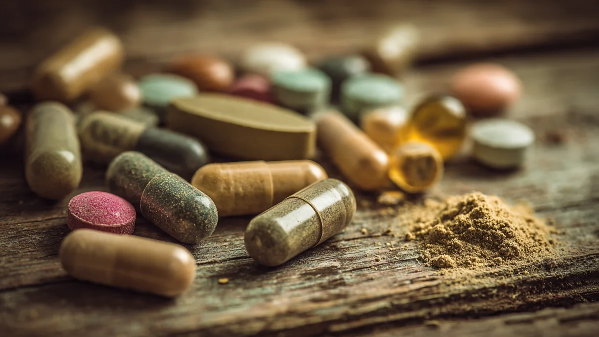 Scattered supplement pills on a wooden surface