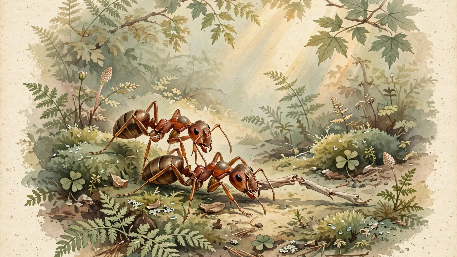 Watercolor illustration of reddish-brown carpenter ants on a forest floor, one ant tending the injured leg of a nestmate, soft morning light filtering through leaves, earthy greens and warm creams, vintage nature-magazine style, no text