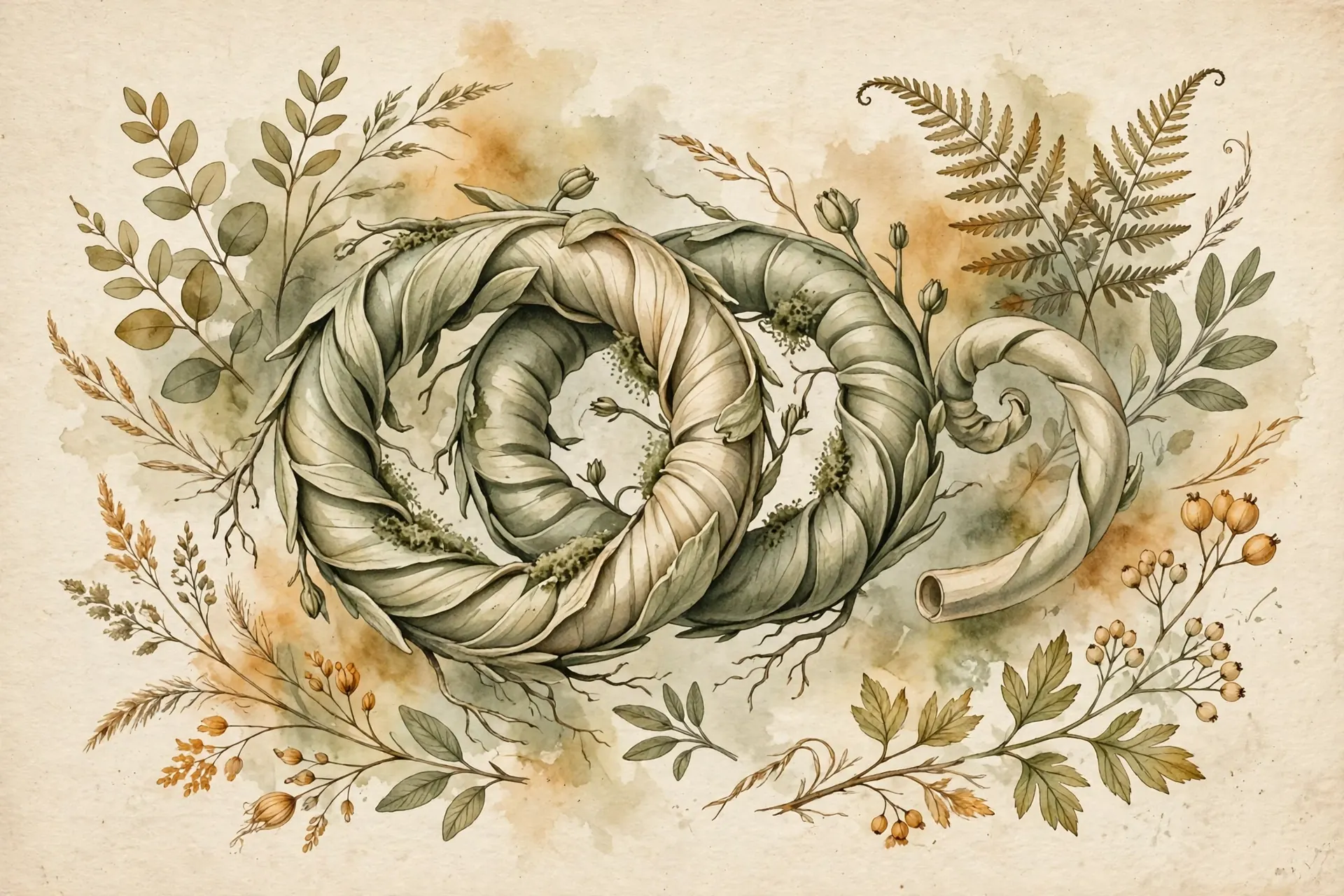 Watercolor illustration of a curled, appendix-shaped organic form like a furled fern frond wrapped in leaves, surrounded by ferns, grasses, berries and botanical sprigs, earthy sage greens and warm ochre tones on cream paper, no text