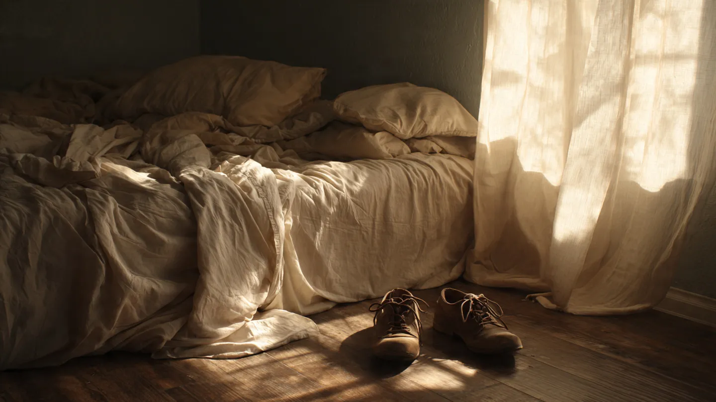 An unmade bed in a sunlit room