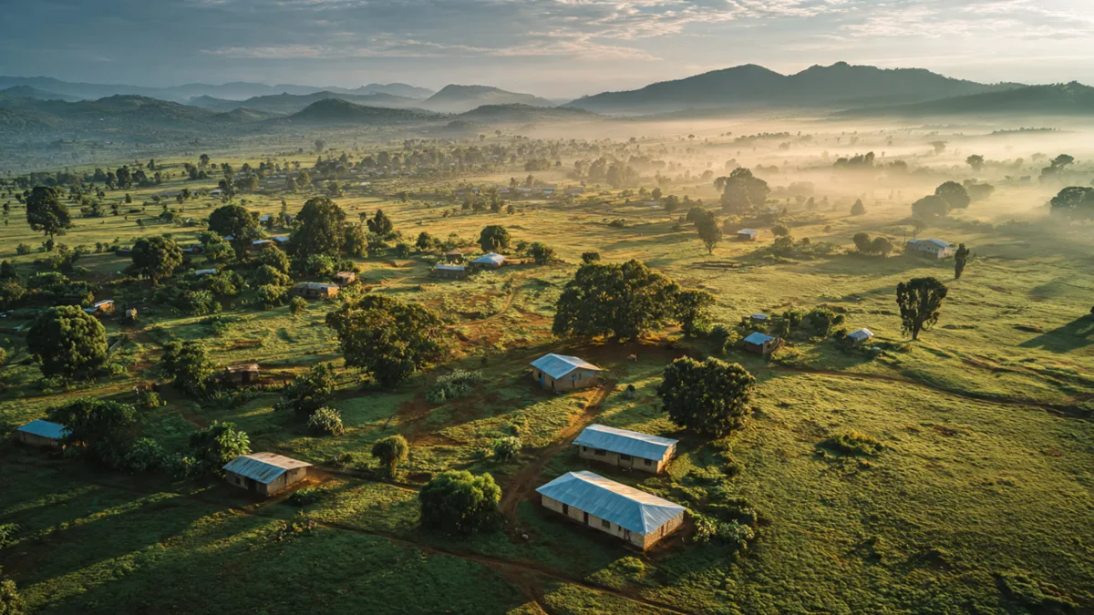 Aerial view of a rural village with metal roofs glinting in warm morning light surrounded by green fields