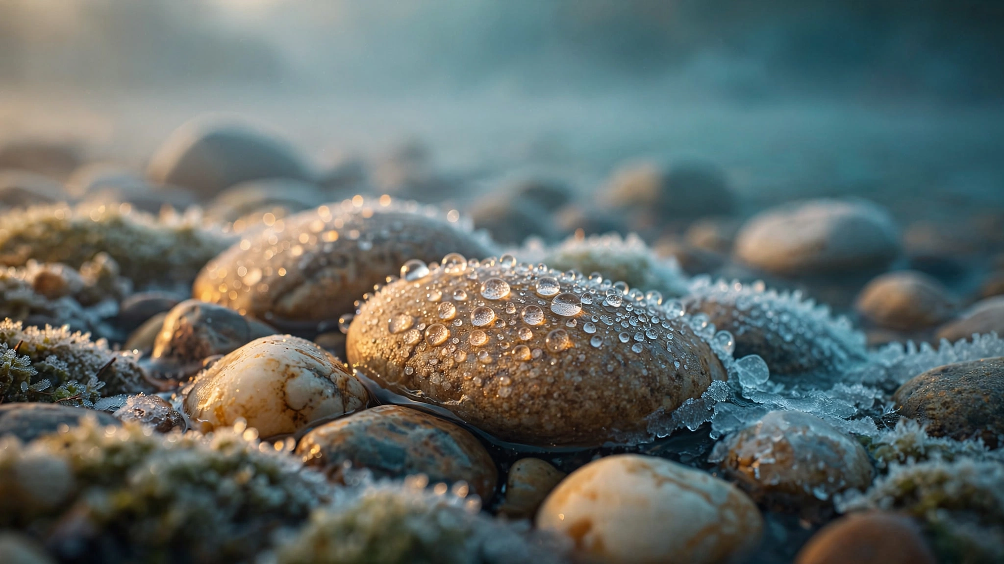 Crystalline water droplets on smooth river stones at dawn with morning frost melting in golden sunlight