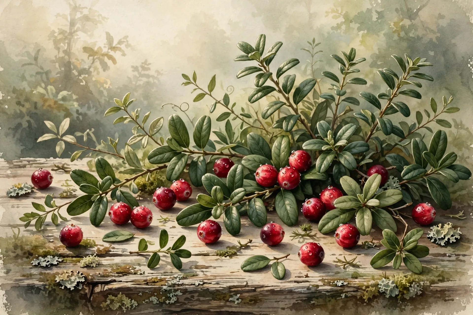 Fresh red cranberries scattered among deep green leaves on a weathered wooden table, soft morning light, delicate water droplets on the berries, watercolor, vintage nature-magazine style, earthy greens and warm creams, no text