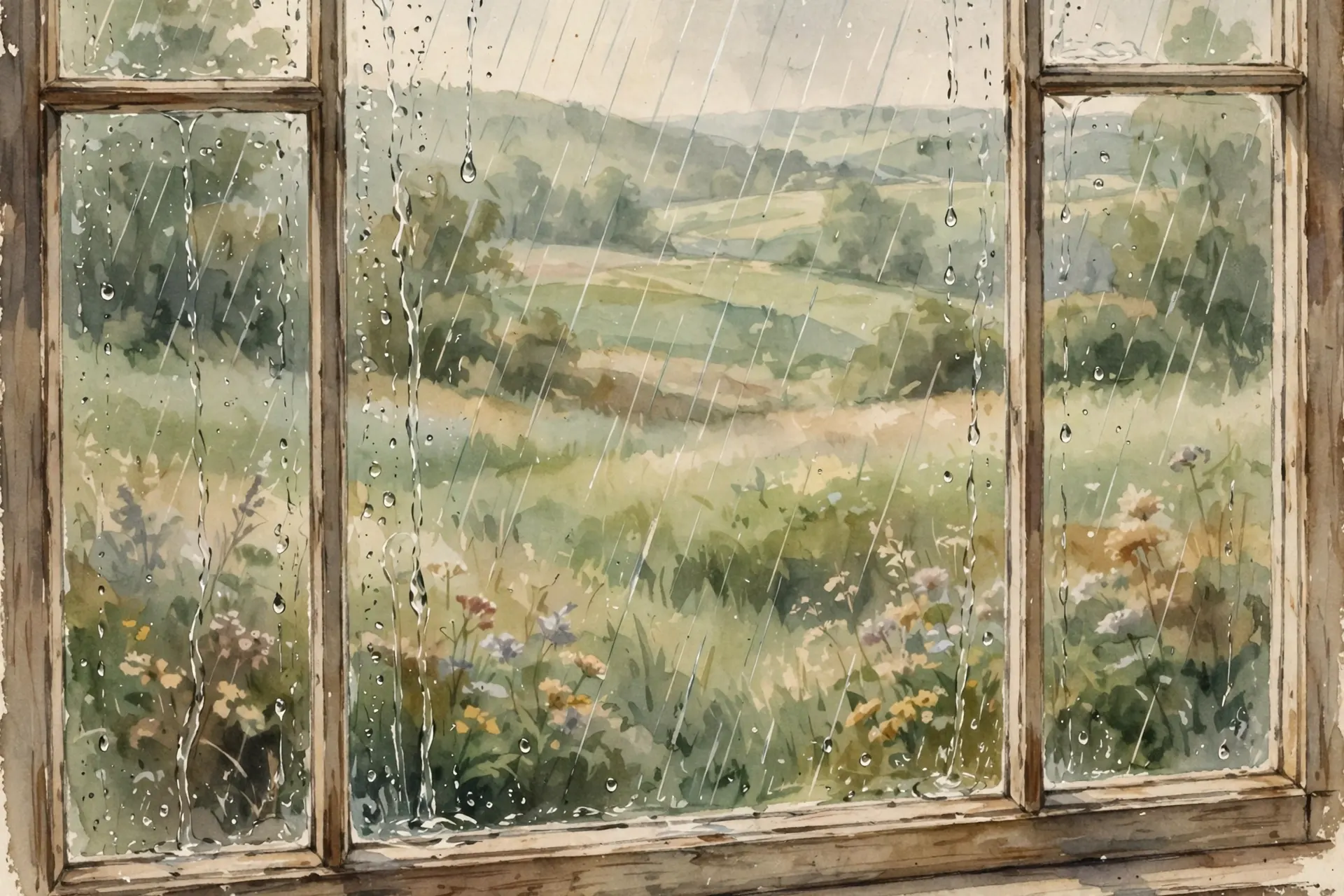 Rain streaking down a windowpane in the foreground, soft green meadow blurred beyond the glass, watercolor, vintage nature-magazine style, earthy greens and warm creams