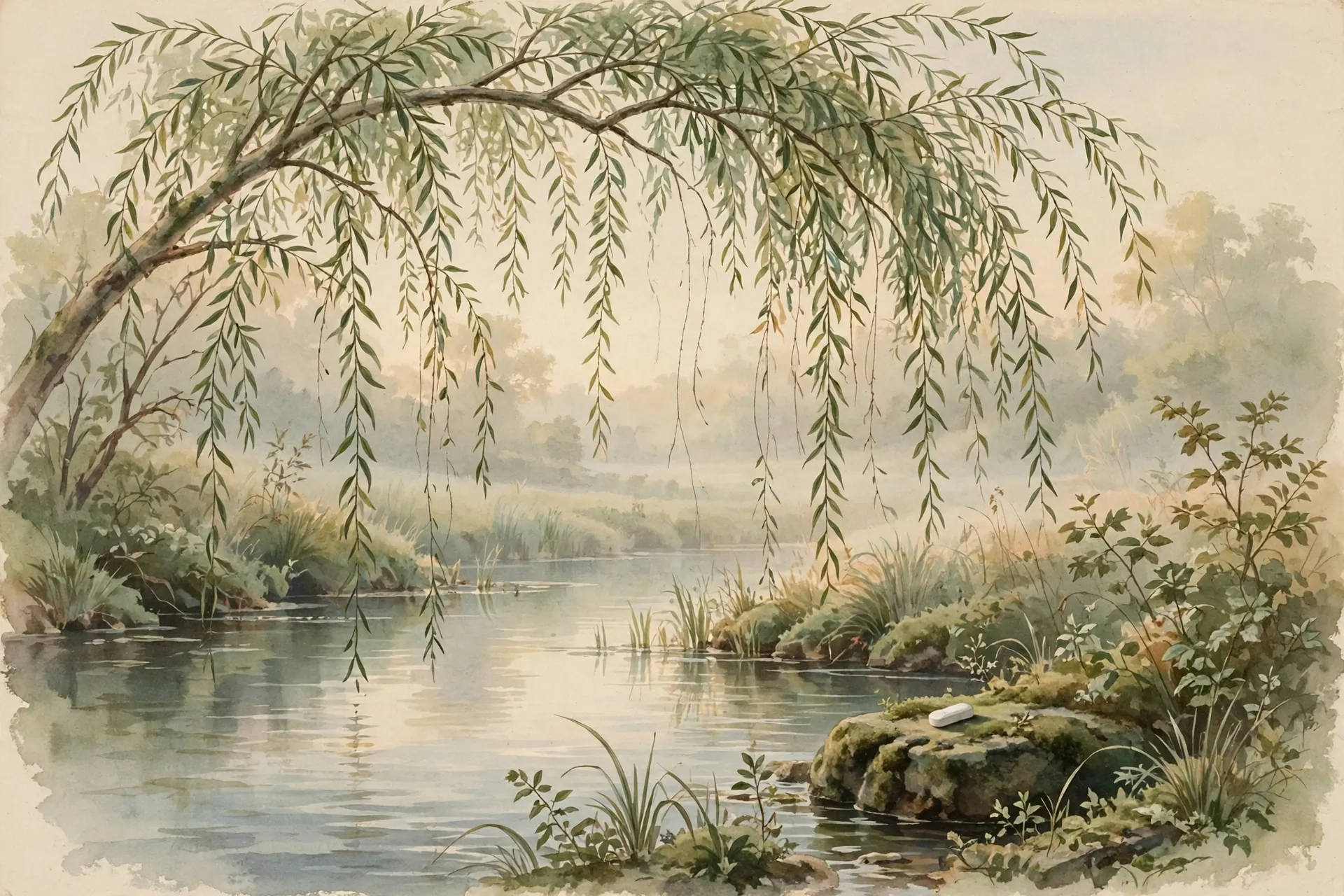Vintage nature-magazine watercolor of a willow branch arching over a still pond at dawn, slender leaves trailing toward the water, a single small white tablet resting on a mossy stone, earthy greens and warm creams, editorial illustration, no text