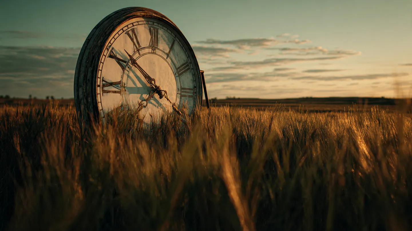 A large antique wall clock casting a long shadow across a golden wheat field at sunset