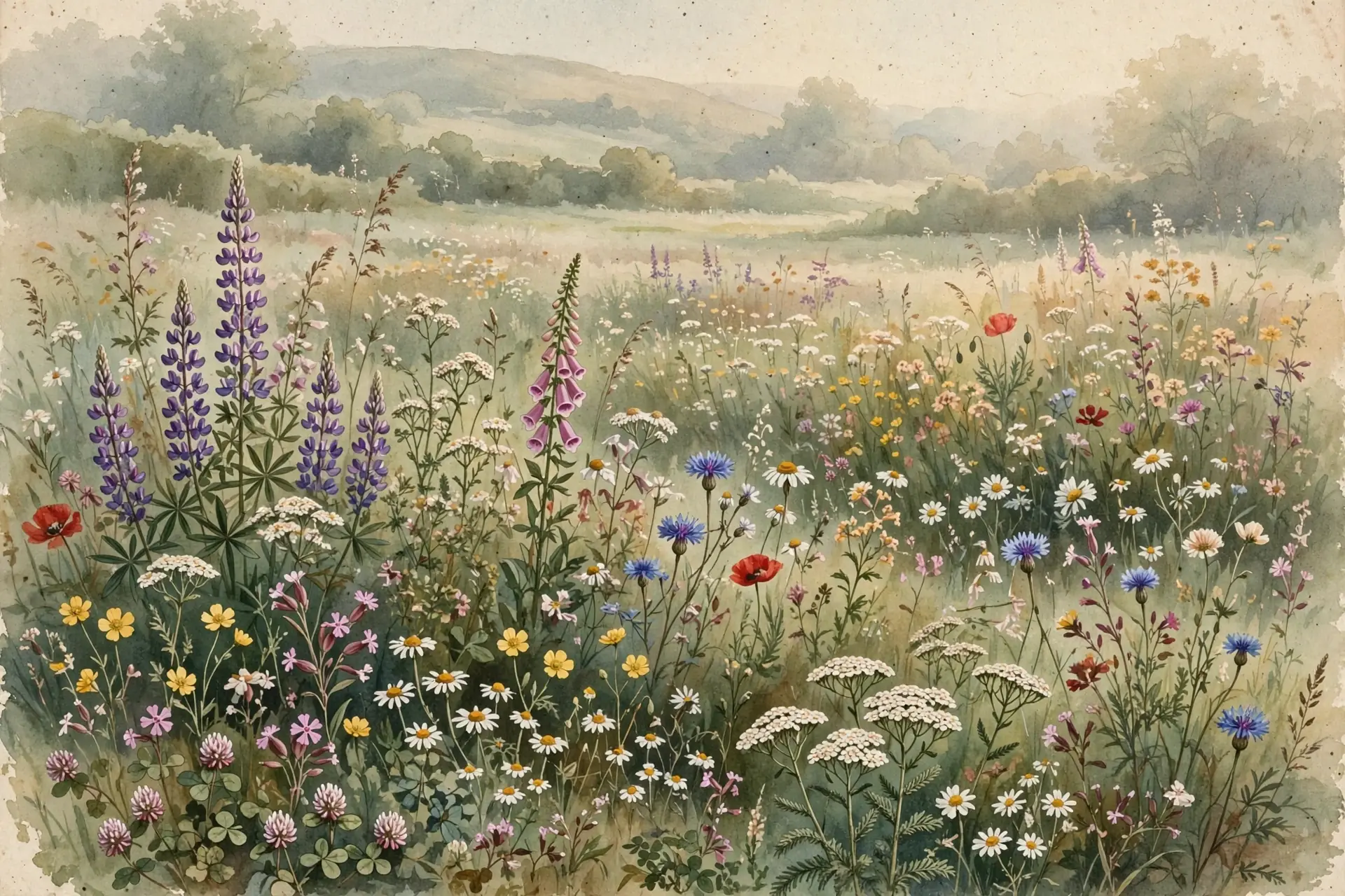 A meadow of diverse wildflowers of many different species growing together, tall and small, watercolor, vintage nature-magazine style, earthy greens and warm creams, soft morning light, no text