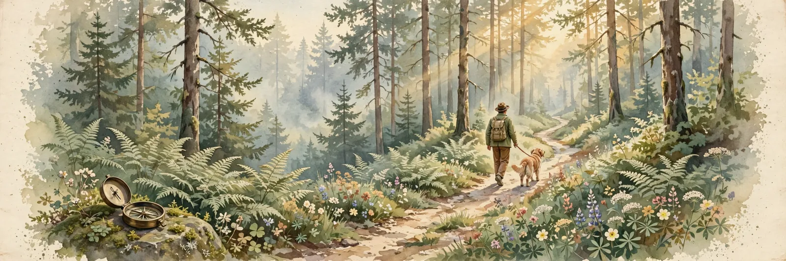 Vintage nature-magazine watercolor of a person walking a golden retriever along a winding forest path at dawn, morning light filtering through tall trees, ferns and wildflowers lining the trail, a brass compass on a mossy stone, earthy greens and warm creams, editorial illustration, no text