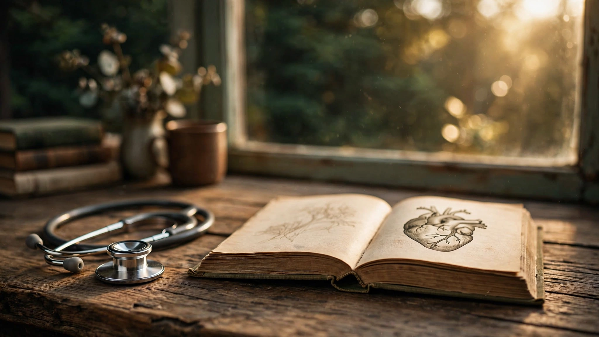 A stethoscope resting on a weathered wooden desk beside an open medical textbook with yellowed pages