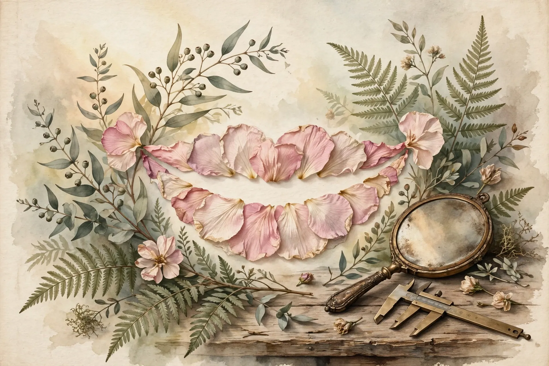 Vintage nature-magazine watercolor of a human smile rendered as a botanical study, lips and the curve of a smile drawn like pressed flower petals among eucalyptus sprigs and soft fern fronds, antique mirror and brass calipers on a wooden table, warm morning light, earthy greens and warm creams, editorial illustration, no text