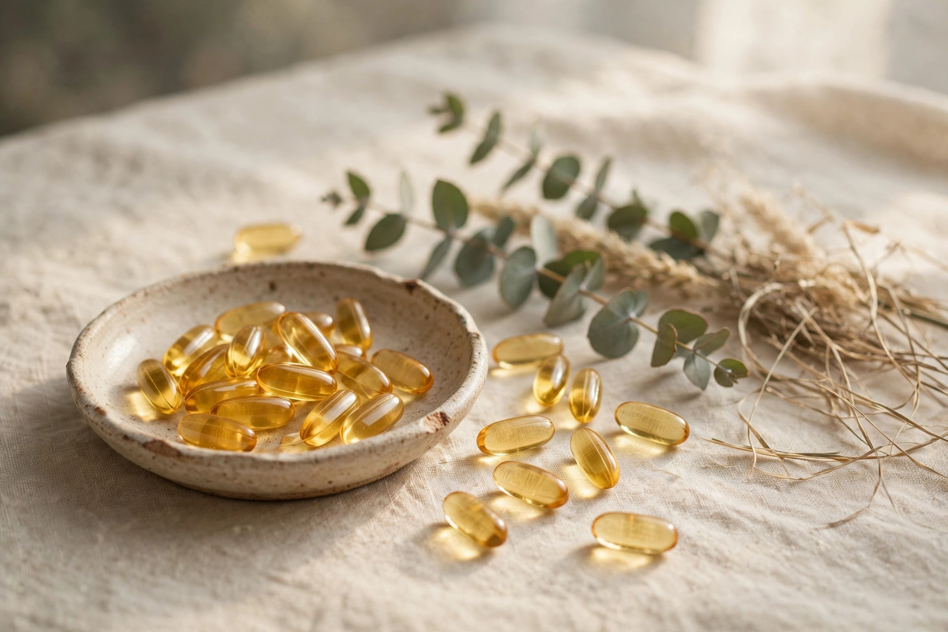 Golden translucent fish oil capsules in a shallow ceramic dish beside eucalyptus sprigs and dried sea grass on warm cream linen, soft morning light, earthy greens and warm cream tones