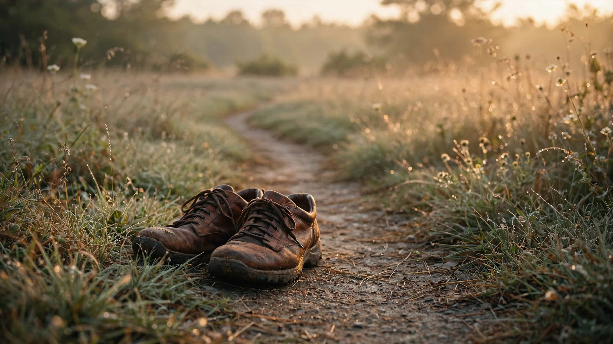 A single pair of worn walking shoes resting on a sunlit path through a quiet meadow at dawn