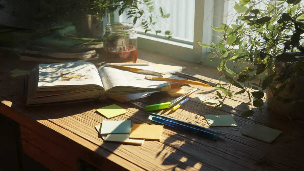 An open notebook on a wooden desk surrounded by scattered highlighter pens with morning light filtering through a nearby window