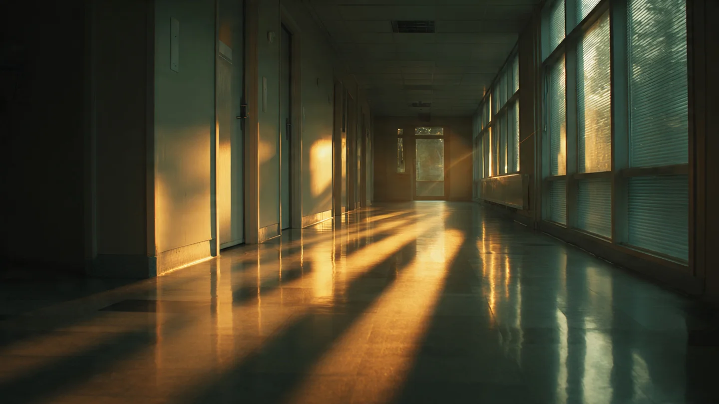 A quiet hospital corridor at dawn with morning light streaming through frosted glass windows