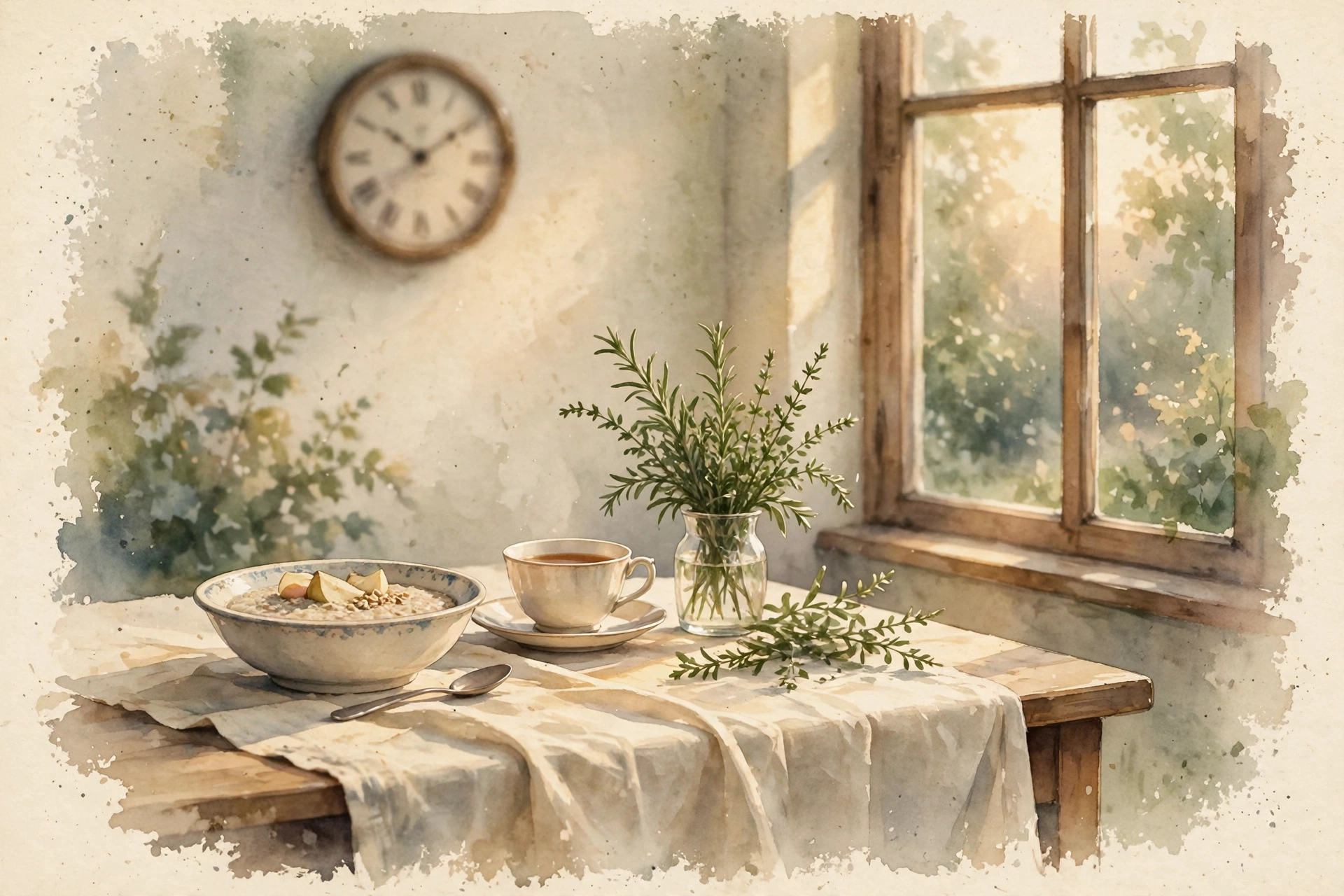 Vintage nature-magazine watercolor of a quiet early-morning kitchen table by a window, a bowl of porridge and a teacup waiting on warm cream linen beside a vase of green herbs, soft dawn light, earthy greens and warm creams, editorial illustration, no text