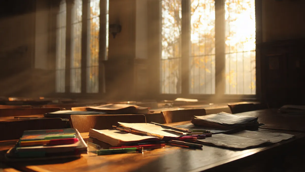 An empty sunlit lecture hall with warm afternoon light streaming through windows onto rows of wooden desks