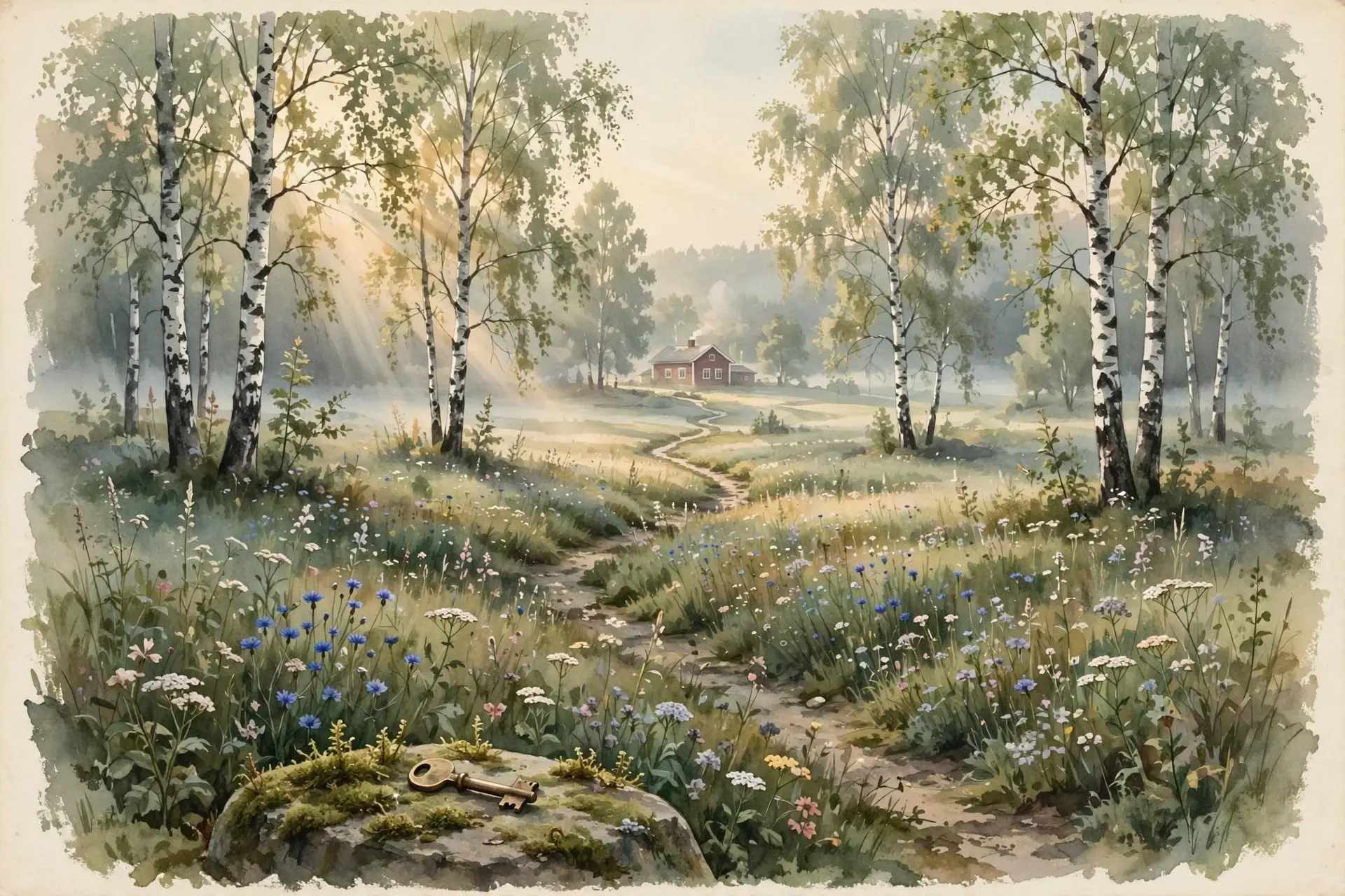 Vintage nature-magazine watercolor of a misty Swedish meadow at dawn, a winding path through wildflowers toward a distant red farmhouse, morning sun through birch trees, a small brass key resting on a mossy stone, earthy greens and warm creams, editorial illustration, no text
