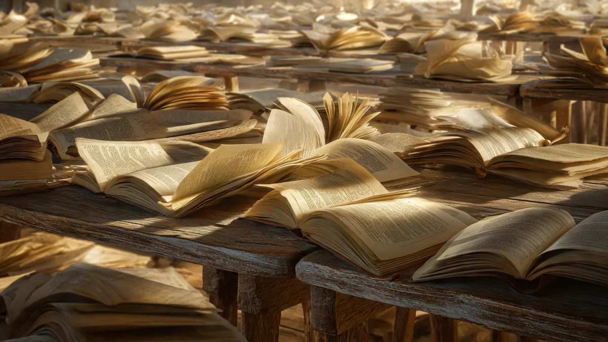 A vast library of open books on wooden tables stretching into warm golden light