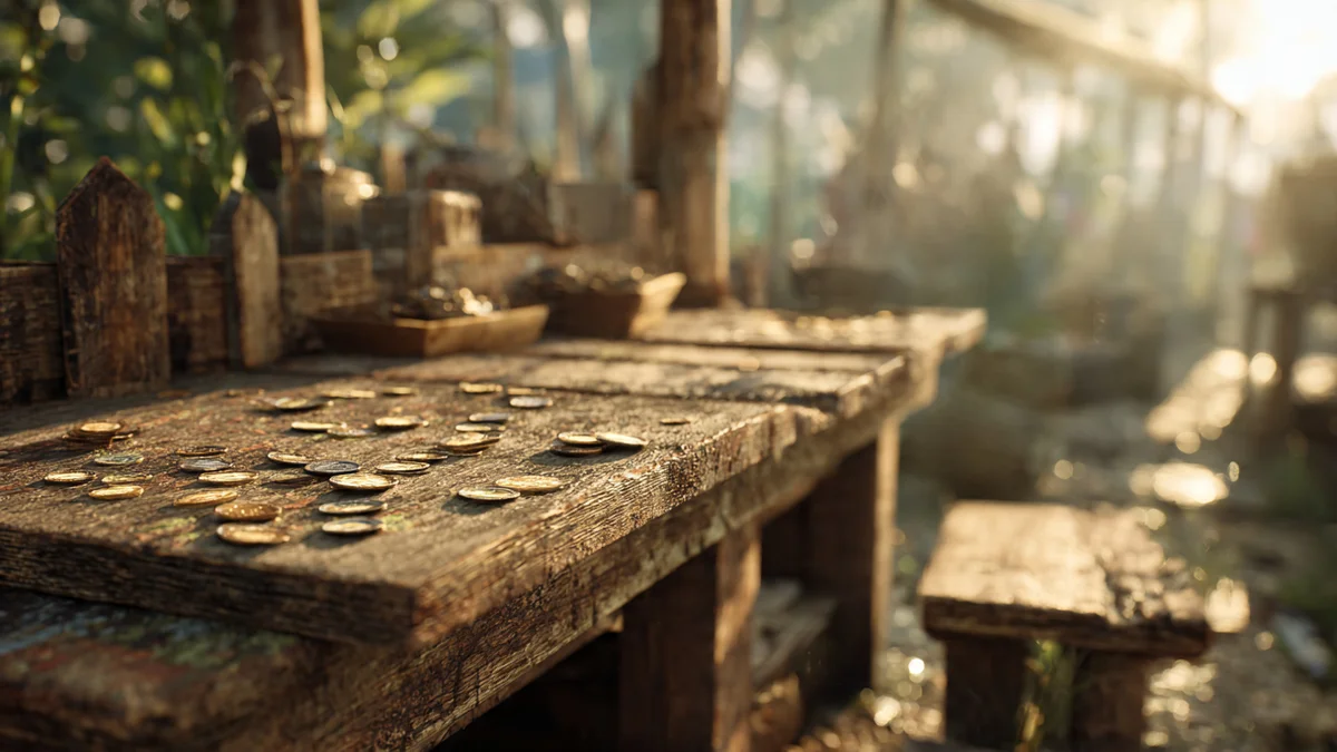 A quiet village market scene at dawn with empty wooden stalls and scattered coins on a weathered counter