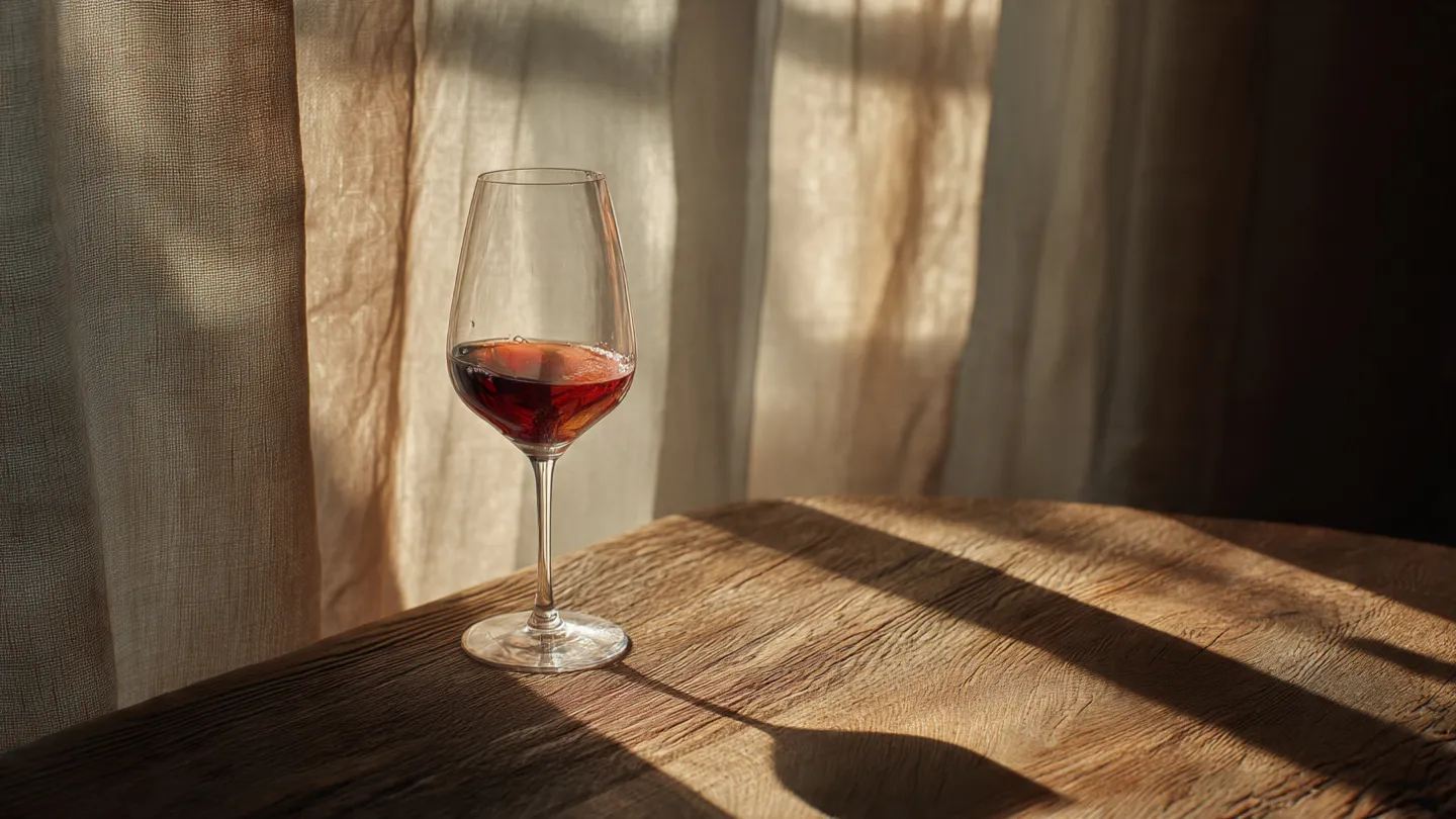 A single wine glass on a weathered wooden table casting a long shadow in warm golden evening light