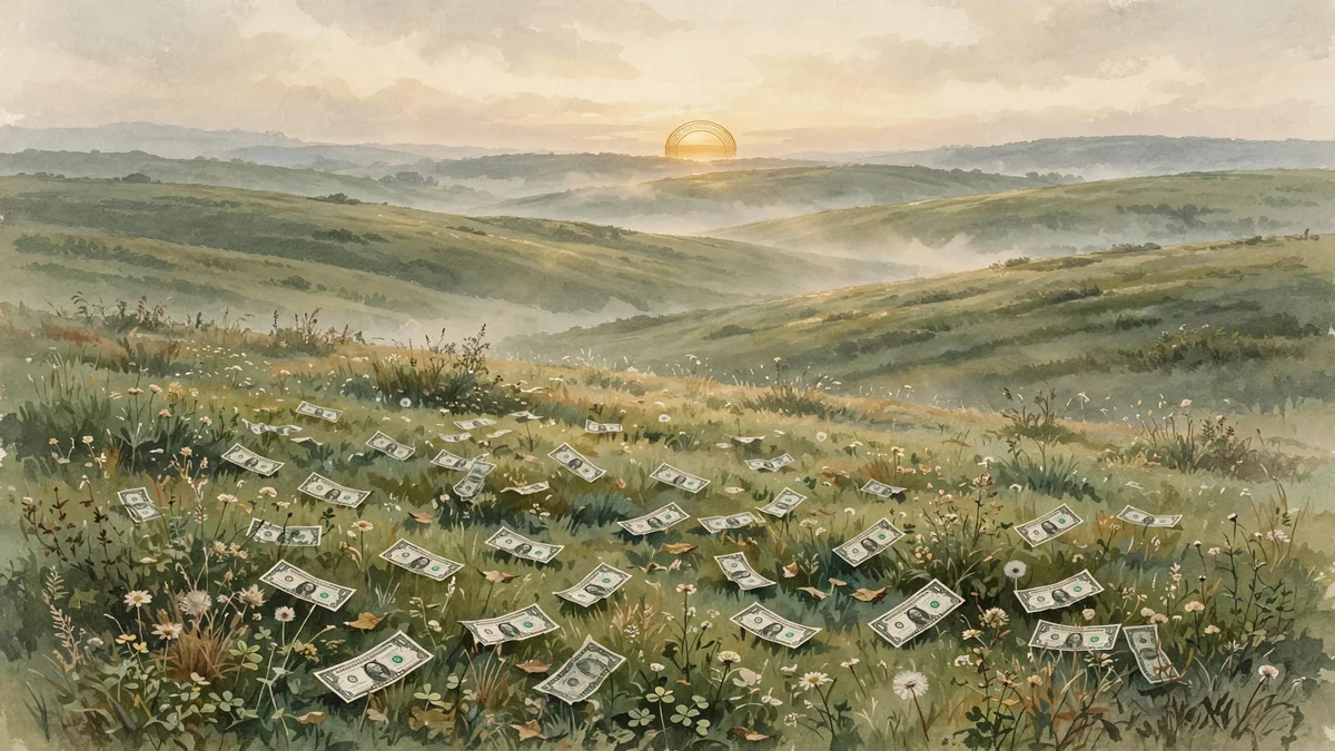 Watercolor illustration of a meadow with dollar bills drifting like leaves across rolling sage-green hills at dawn, a coin-shaped sun on the horizon, earthy greens and warm cream tones, nature magazine style