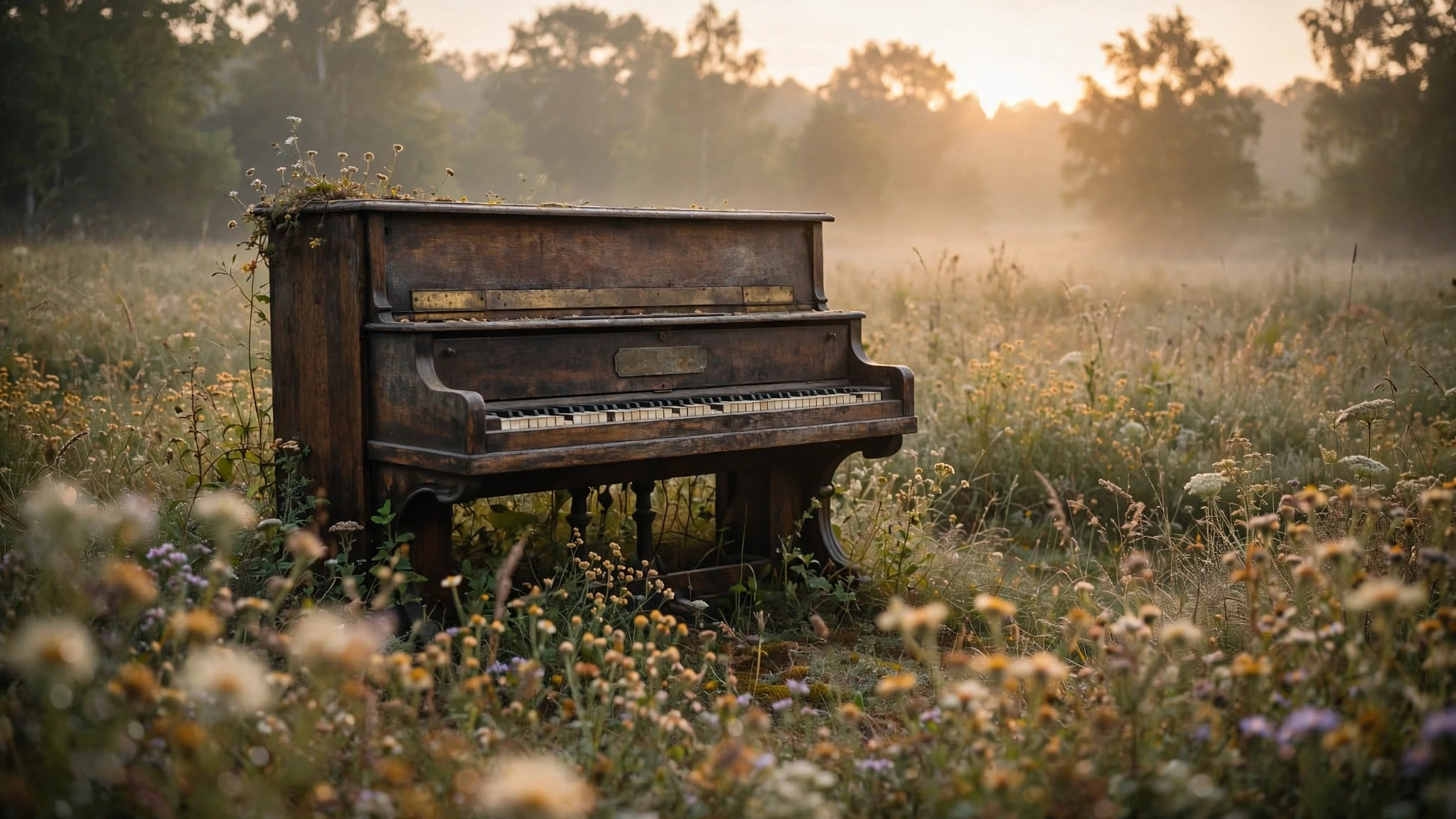 An abandoned piano in a sunlit meadow with wildflowers growing around its legs