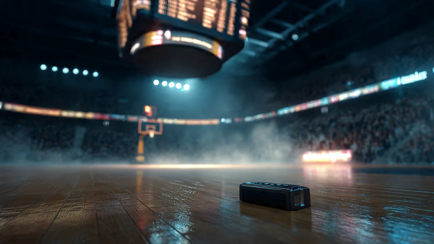 Empty basketball arena with referee whistle on hardwood court