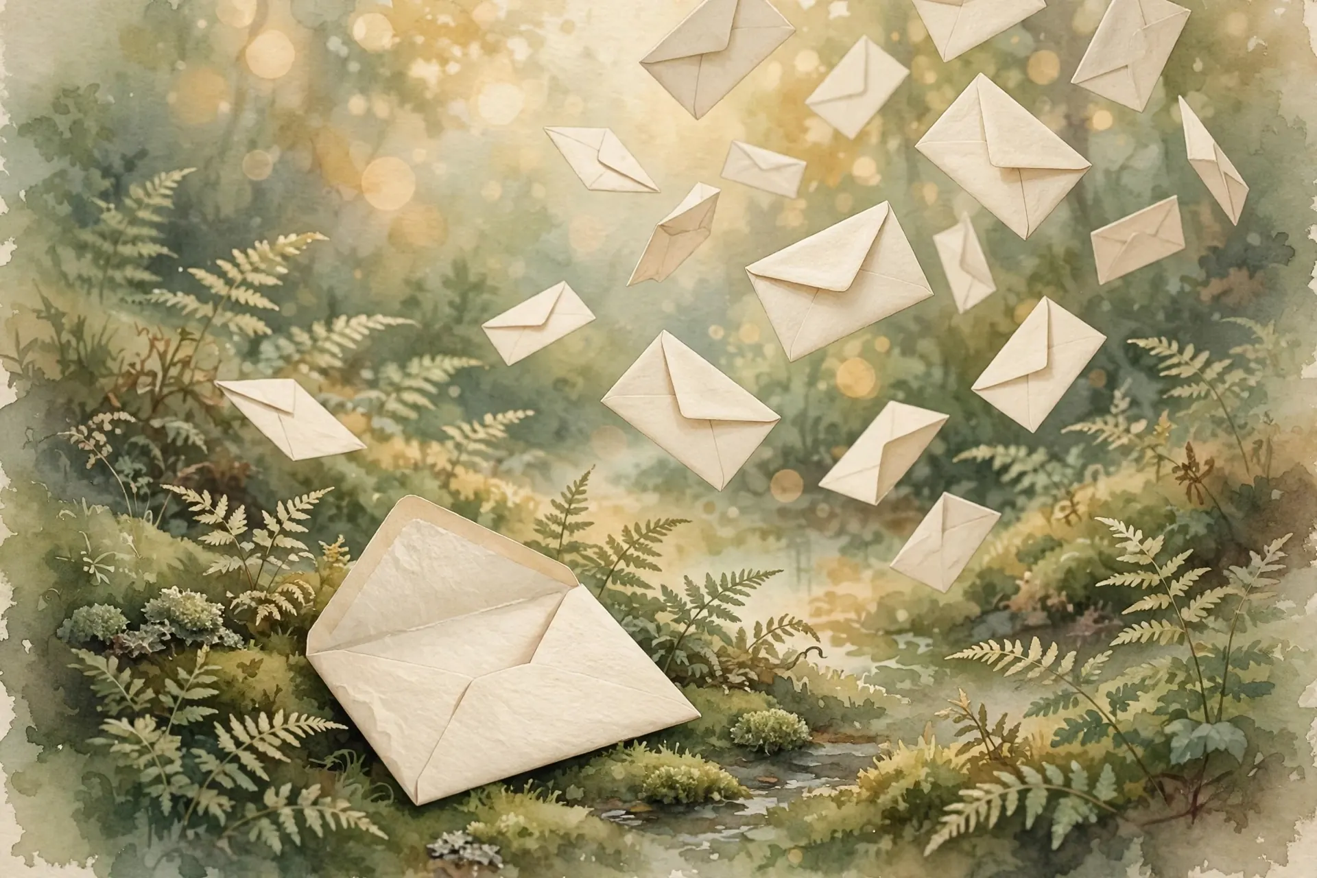 Cream paper envelopes drifting like leaves over green ferns and moss, one envelope resting open below, watercolor, vintage nature-magazine style, earthy greens and warm creams