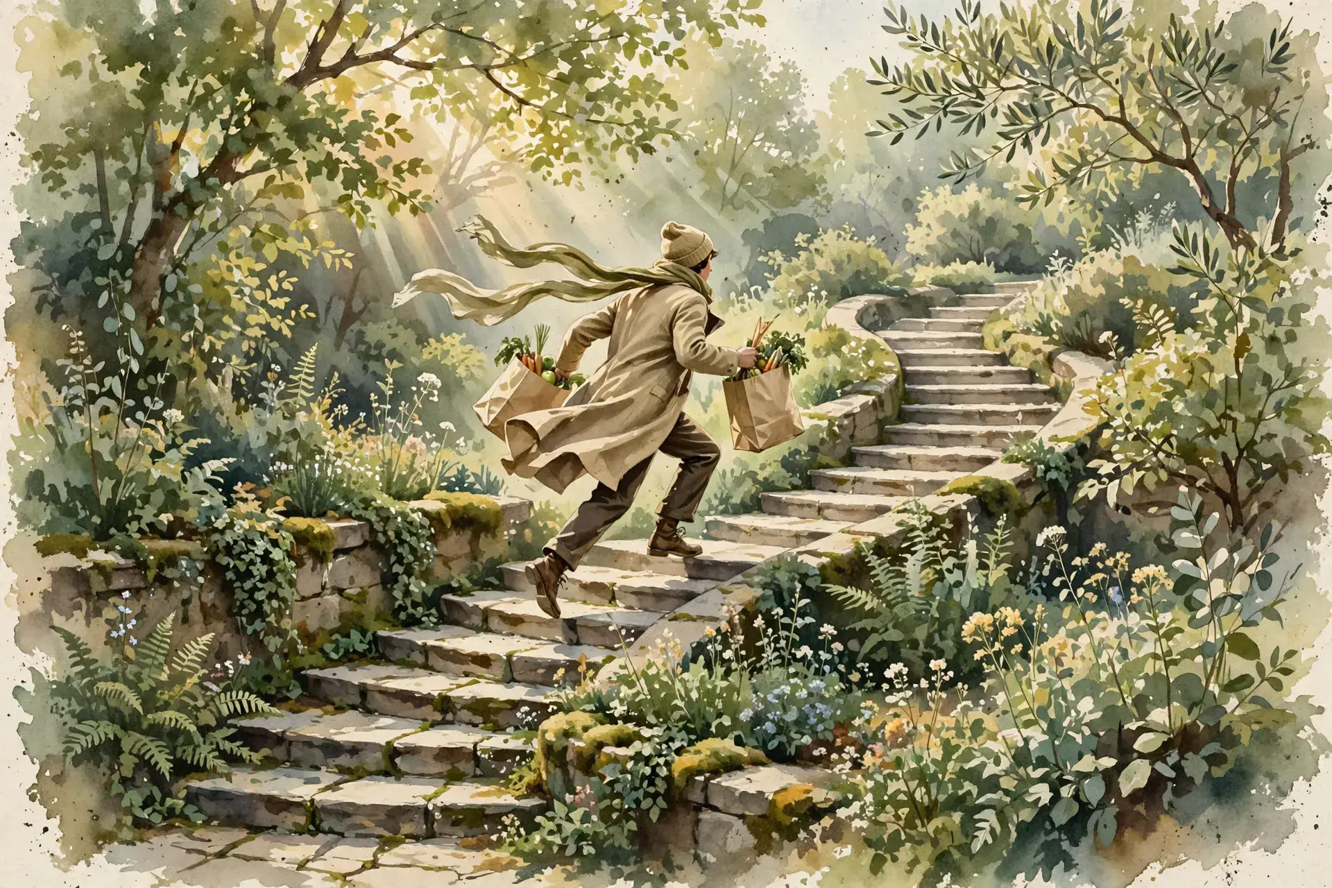 Vintage nature-magazine watercolor of a person mid-stride sprinting up a winding stone staircase through a lush green garden, grocery bags in hand, coat and scarf trailing with motion, morning light filtering through leaves, earthy greens and warm creams, editorial illustration, no text