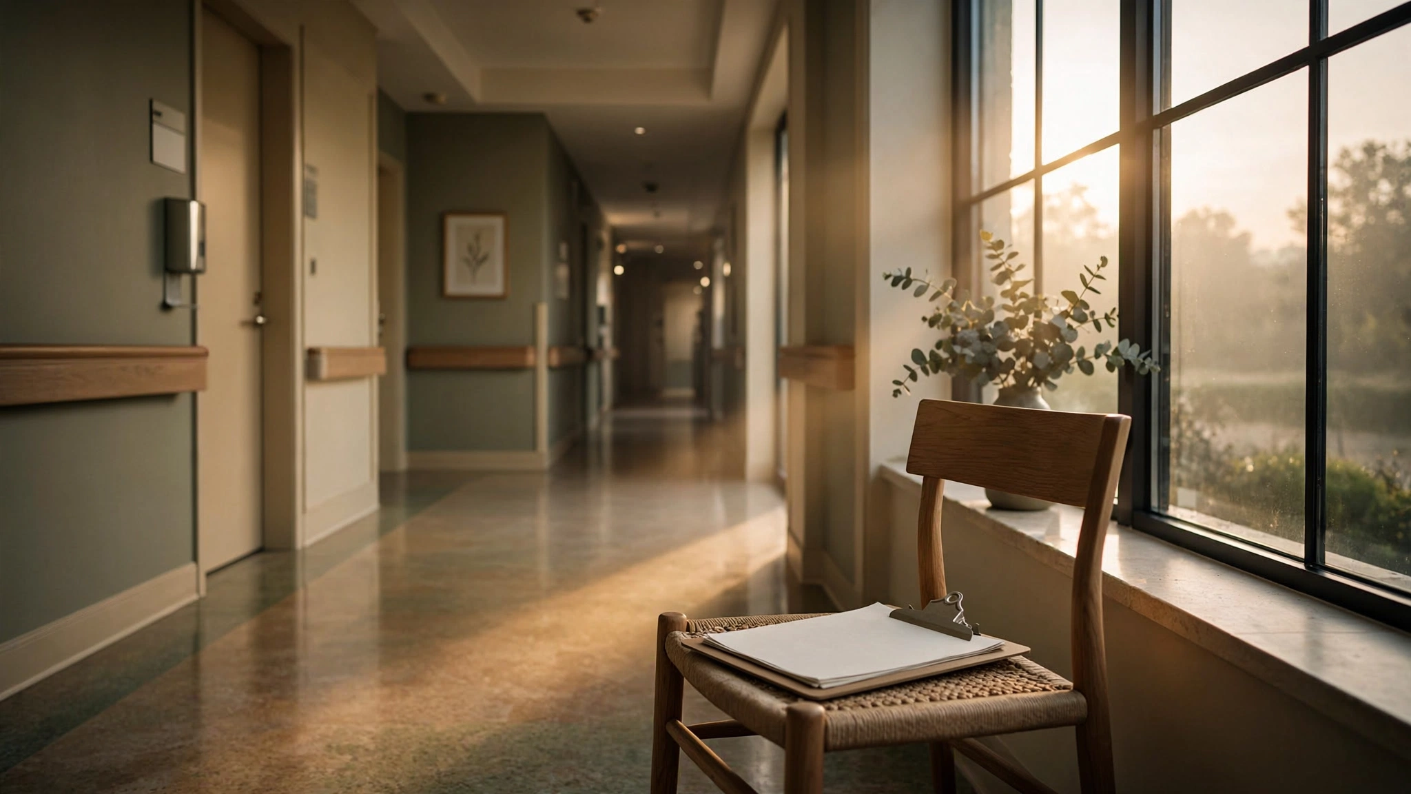 A softly lit hospital corridor at dawn with a patient satisfaction clipboard on an empty chair
