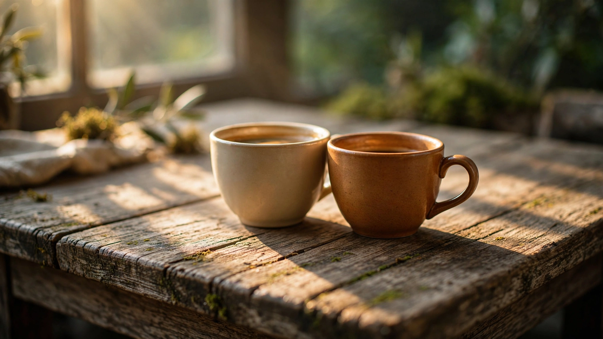 Two ceramic coffee cups sitting close together on a weathered wooden cafe table in warm golden morning light