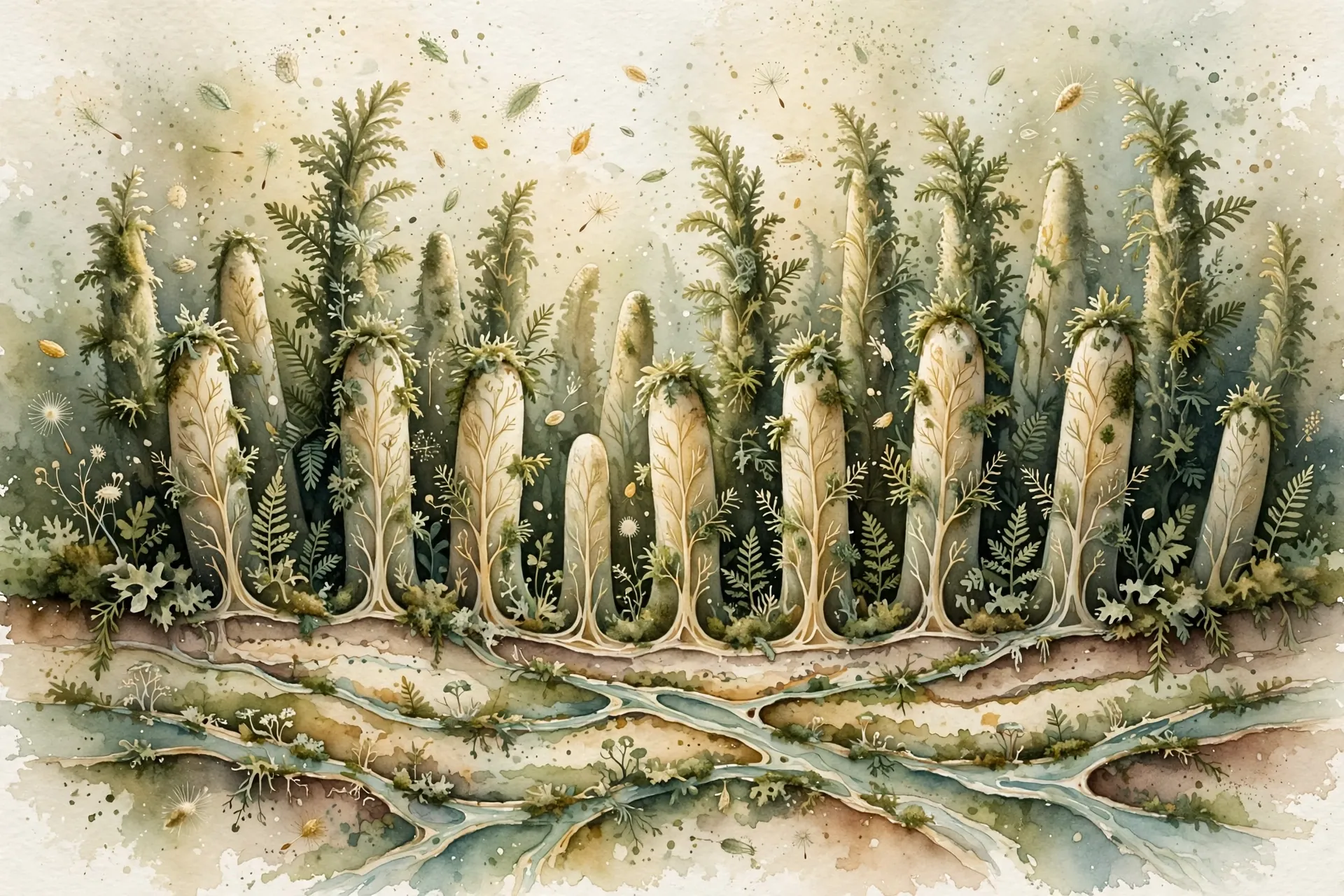 Watercolor illustration of a cross-section of intestinal villi in deep greens and warm cream tones, delicate microbial shapes drifting like seeds, soft botanical light