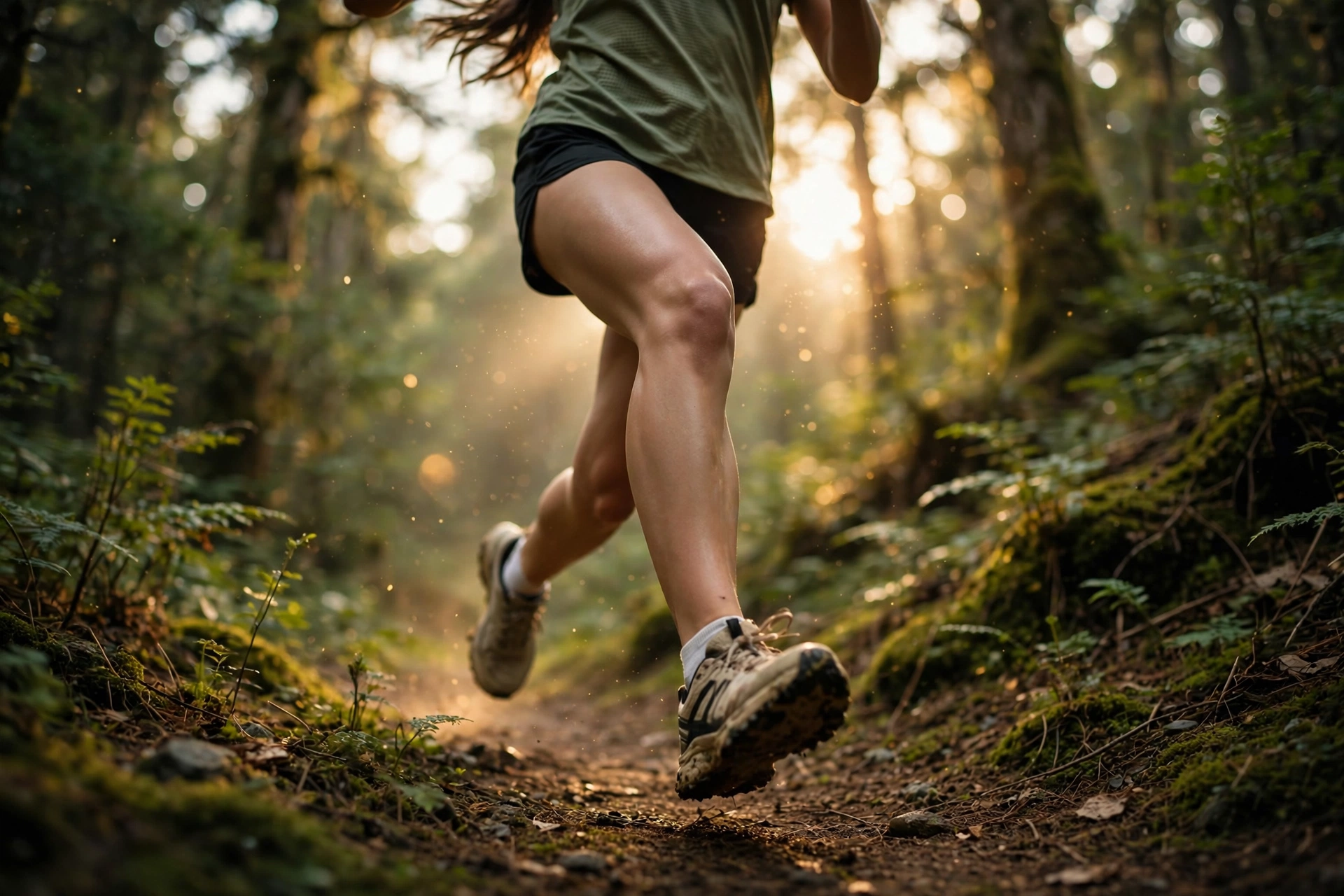 Recreational runner mid-stride on a sun-dappled forest trail at golden hour, knees driving forward in strong healthy motion, deep greens and warm cream tones