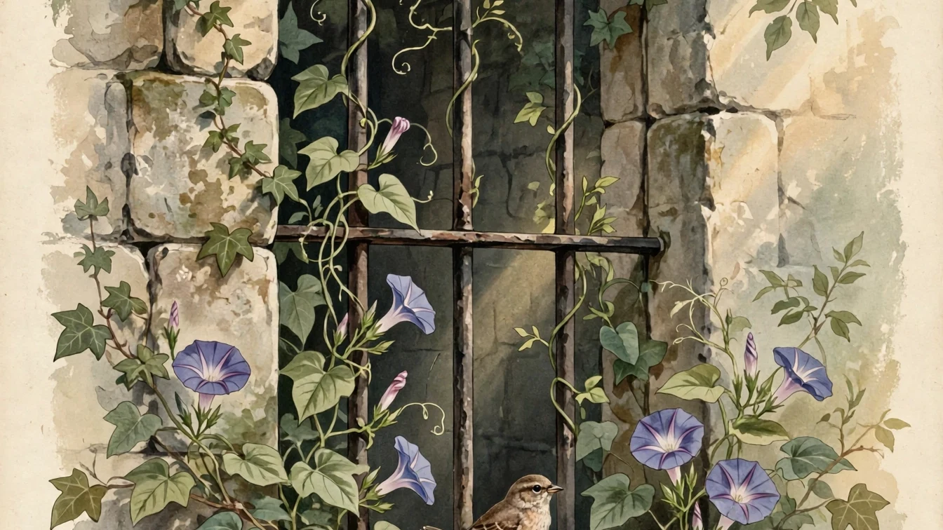 Old stone prison window with iron bars, ivy and morning glory vines growing through the bars, a small songbird perched on the sill, watercolor, vintage nature-magazine style, earthy greens and warm creams