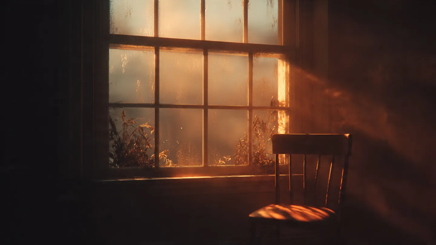 A dimly lit window at dawn with warm golden light breaking through, a solitary chair nearby in a quiet room