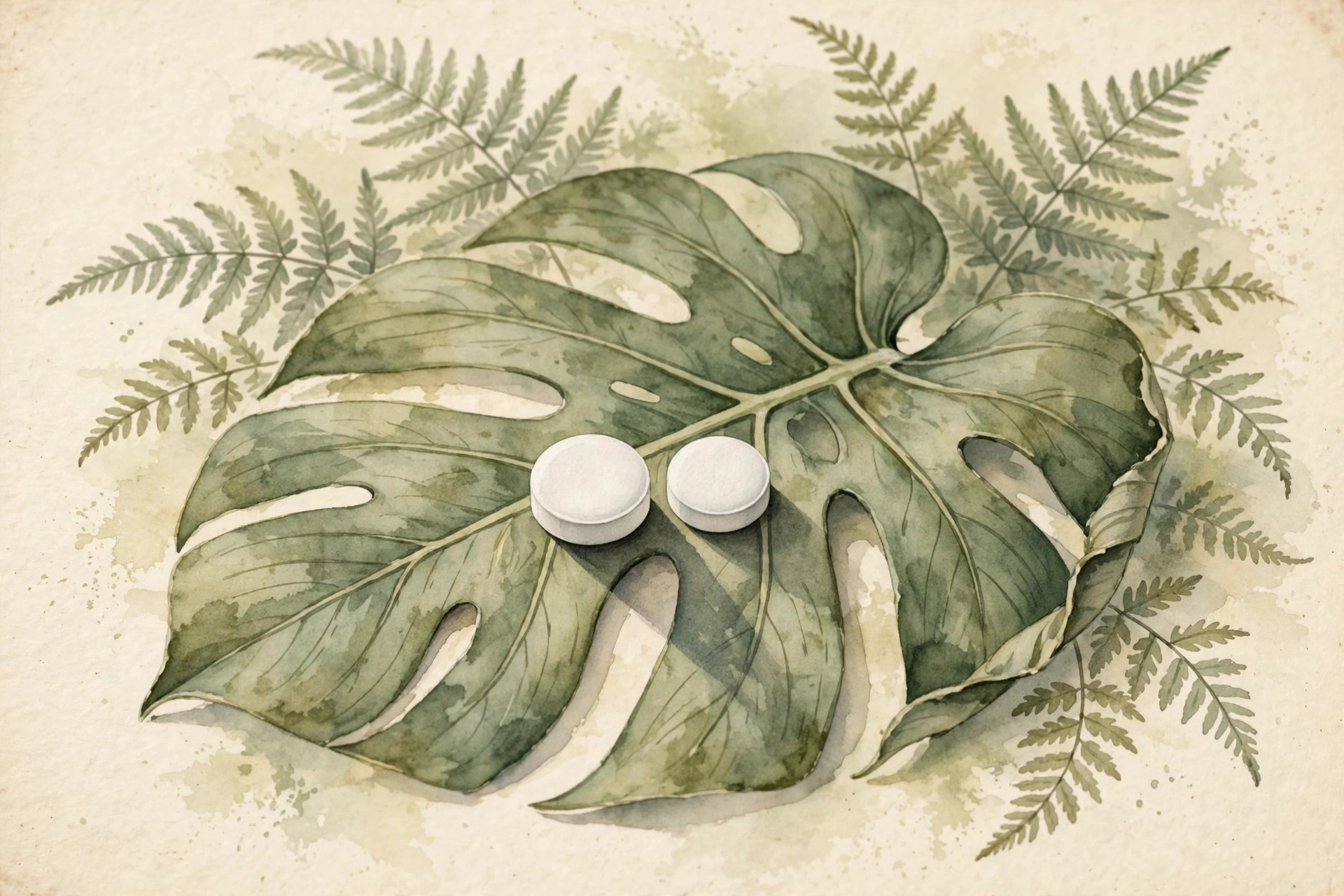 Two identical small white round tablets resting side by side on a large green monstera leaf, soft morning light, delicate fern fronds in the background, watercolor, vintage nature-magazine style, earthy greens and warm creams, no text