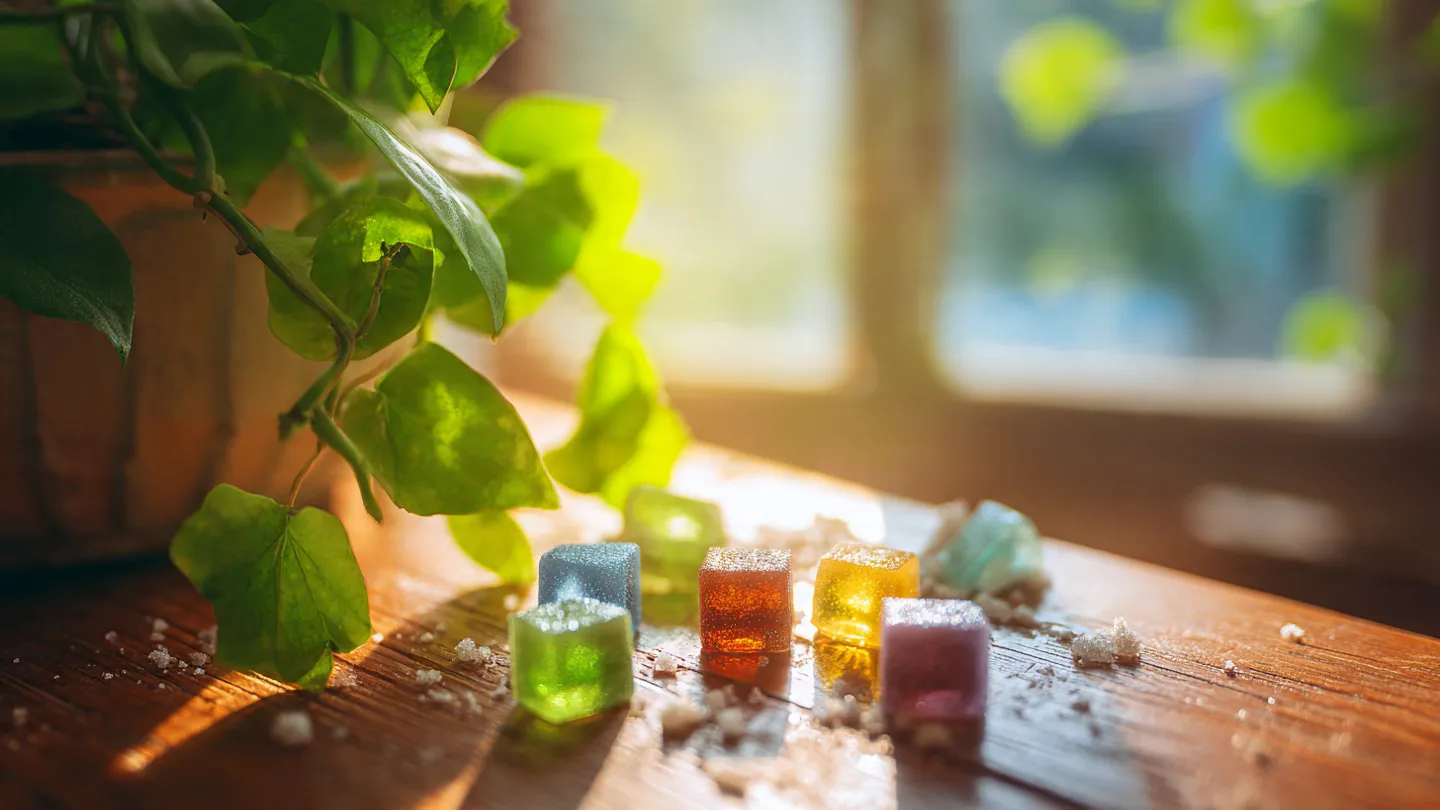 A bowl of colorful candy on a wooden table with soft natural light surrounded by scattered sugar cubes and green leaves