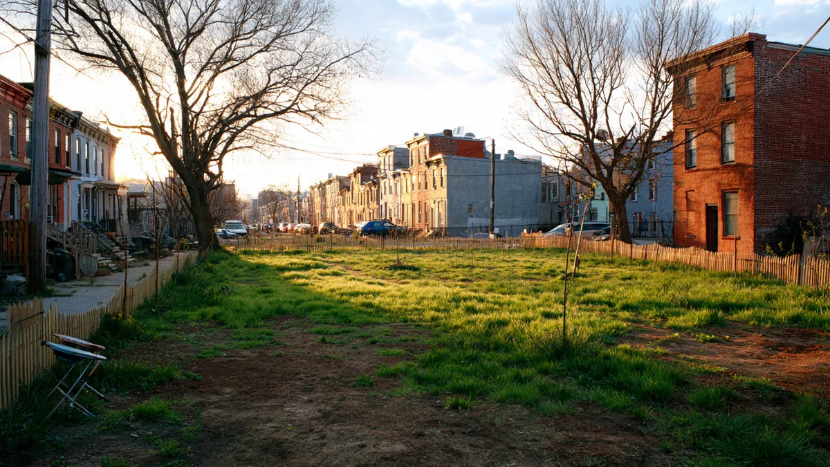 A freshly mowed urban lot with young trees and a low wooden fence bathed in warm late-afternoon light