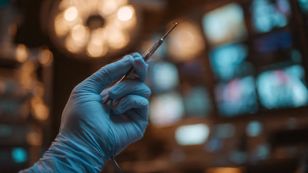 Gloved surgical hands holding a laparoscopic instrument against a softly lit background of operating room monitors