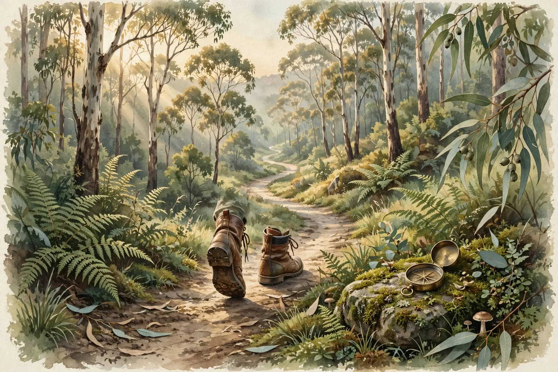 Vintage nature-magazine watercolor of a winding forest path at dawn, walking boots mid-stride among ferns and eucalyptus, a brass compass on a mossy stone, soft light through tall trees, earthy greens and warm creams, editorial illustration, no text