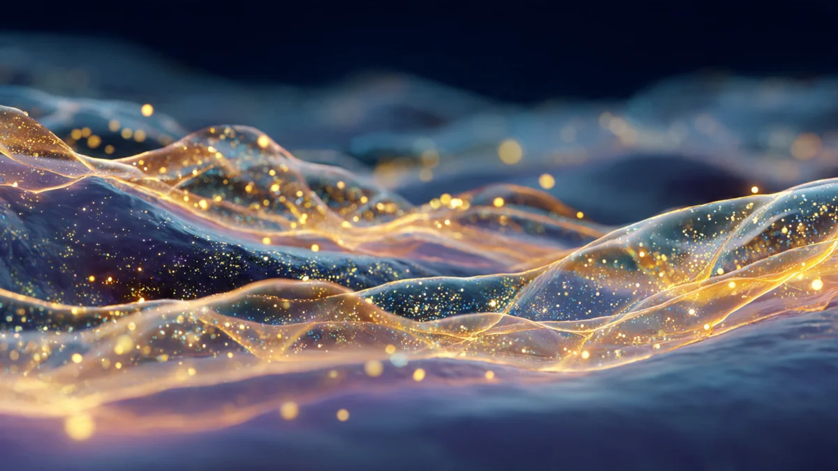Microscopic view of glowing fibroblast cells migrating across tissue illuminated by warm golden light